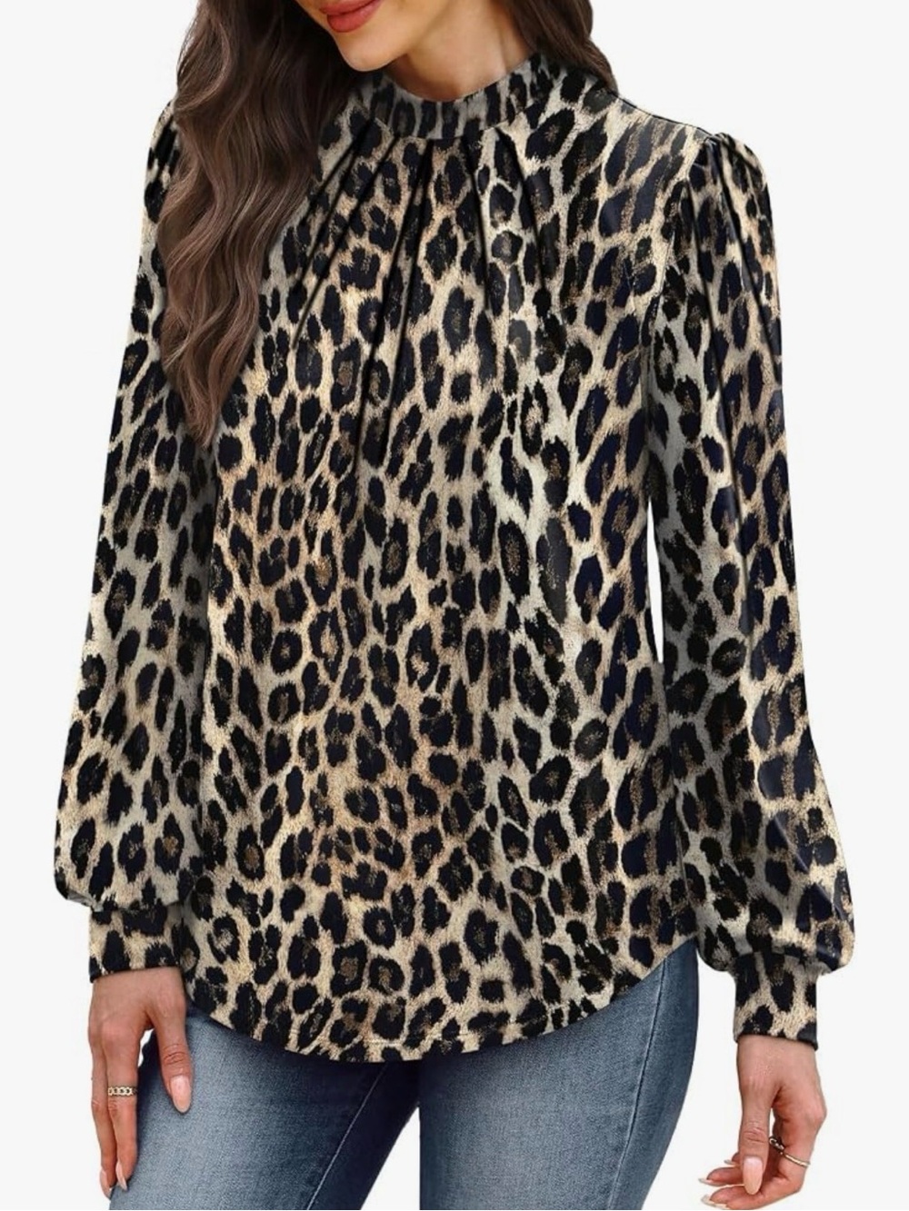 NEW Leopard Print Long-Sleeve Blouse - Beige/Black - Picture 2 of 4